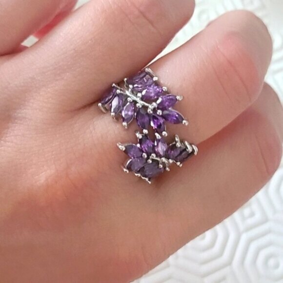 Beautiful Costume Silver Plated Chunky Amethyst Purple Stone Leaf Cocktail Ring - Picture 4 of 7